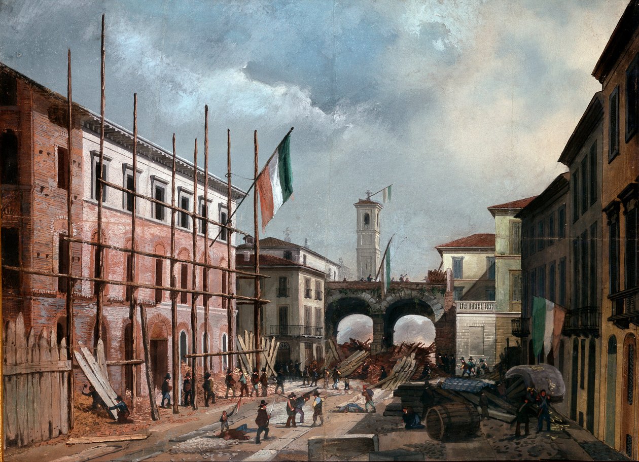 Rewolucje 1848, Pięć dni Mediolanu: obrona łuku Porta Nuova 19 marca (obraz autorstwa Italian School