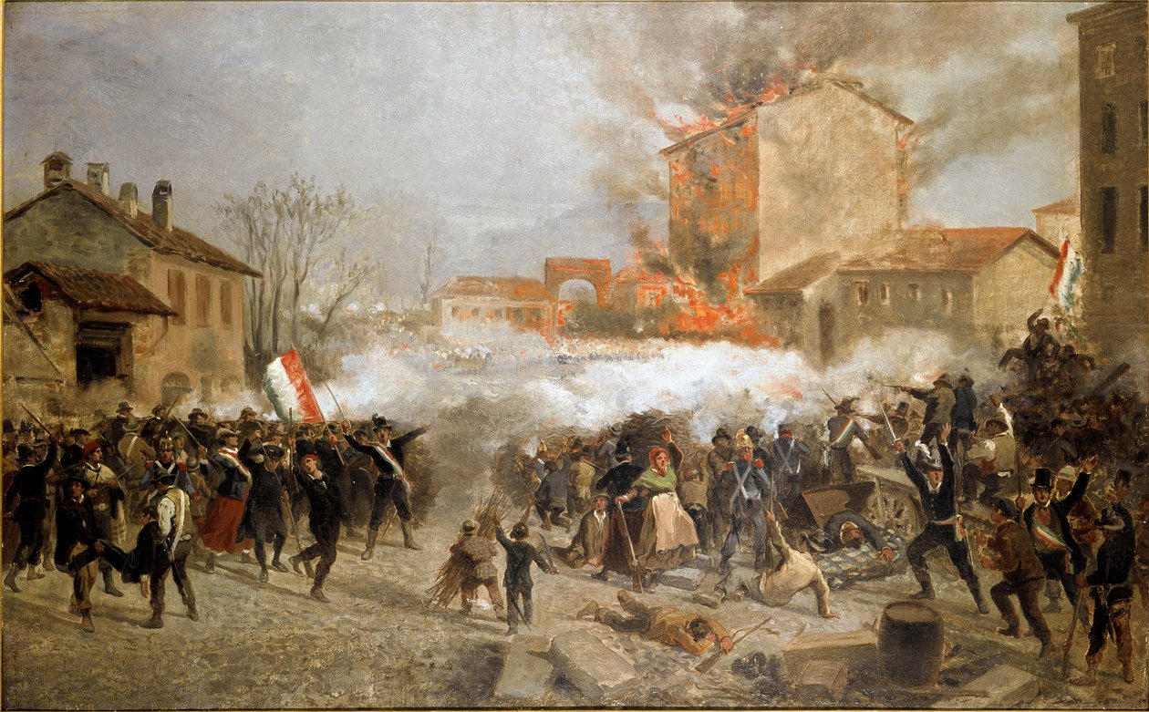 Rewolucje 1848, Pięć dni Mediolanu: powstańcy przejmują porta Tosa 22 marca (obraz autorstwa Italian School