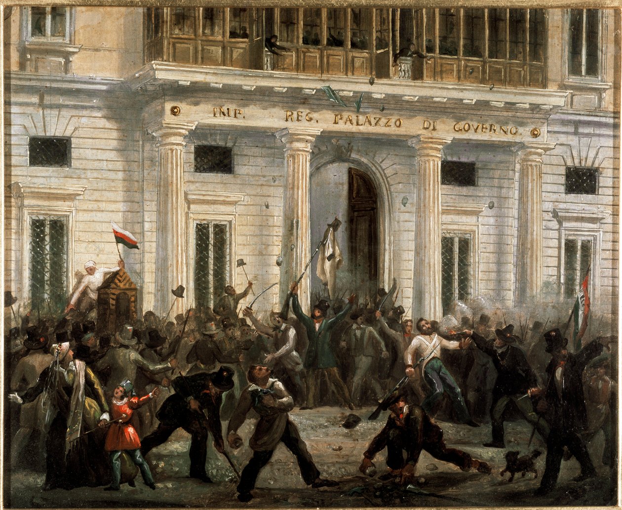 Rewolucje 1848, Pięć dni Mediolanu: 18 marca powstańcy przejmują Pałac Rządu (obraz autorstwa Italian School