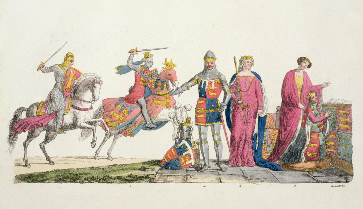Ryszard Lwie Serce, Jan z Gaunt, Edward III, Joan Plantagenet i Filippa z Hainault, płyta 9 z Historii Narodów (akwatinta) autorstwa Italian School
