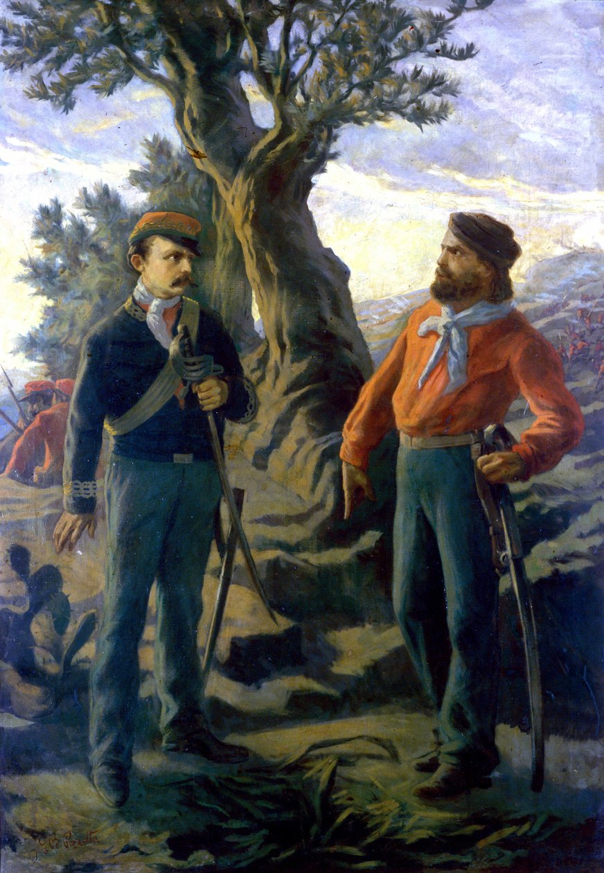 Risorgimento: Gerolamo Bixio zwany Nino Bixio (1821-1873) i Giuseppe Garibaldi (1807-1882) podczas bitwy pod Calatafimi na Sycylii 15.05.1860. Garibaldi ogłasza Bixio, który sugeruje, aby się wycofał: „” Co powiesz Bixio? Tutaj budujemy Włochy lub autorstwa Italian School