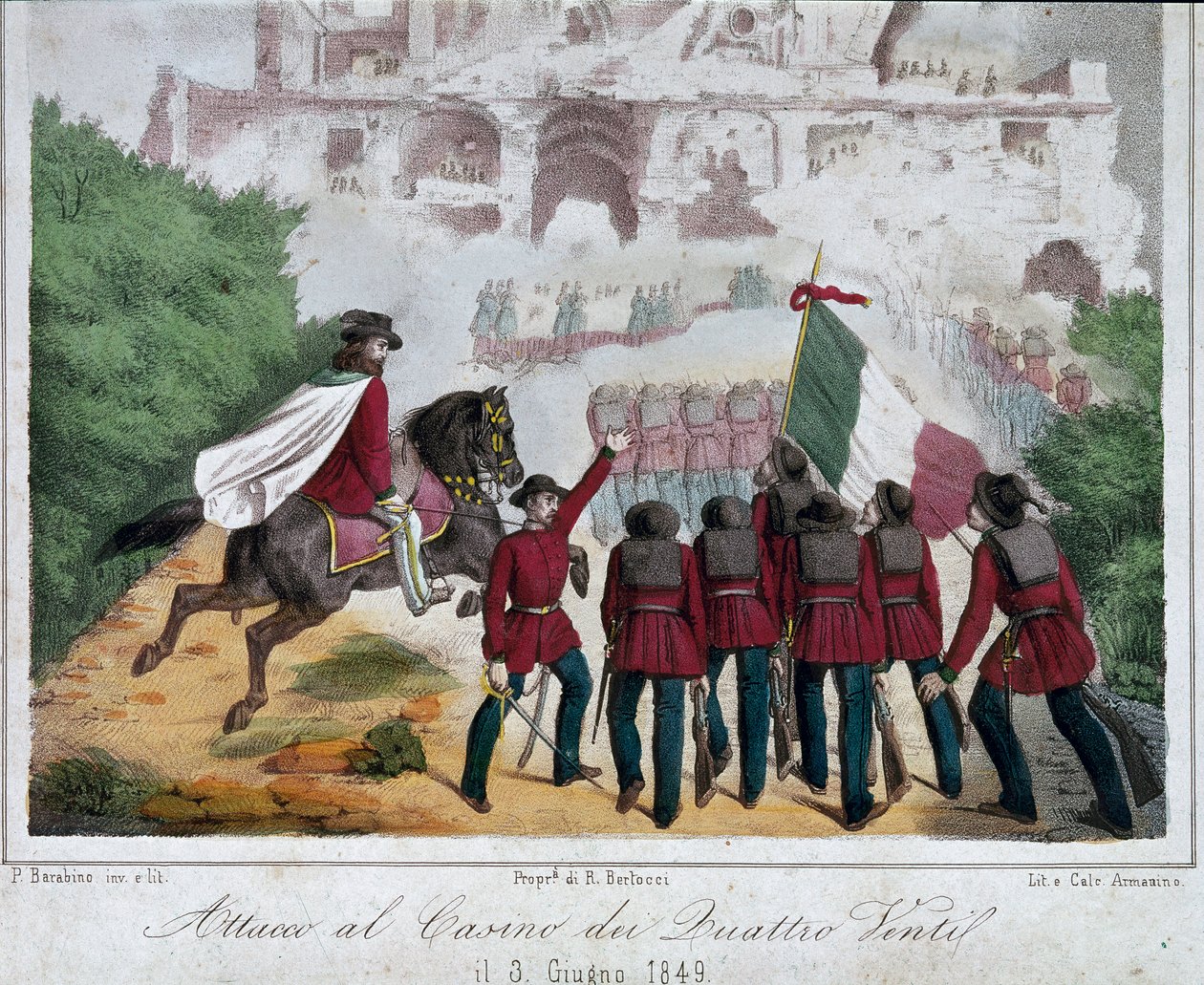 Risorgimento, Republika Rzymska (Repubblica romana): żołnierze armii Giuseppe Garibaldiego na koniach próbują odzyskać willę Quattro Venti w Rzymie 03.06.2018. Litografia Rzymskie Muzeum Narodowe Risorgimento autorstwa Italian School