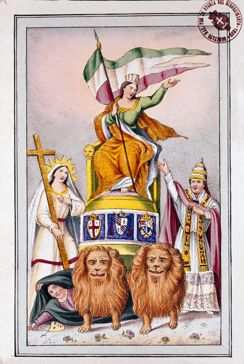 Risorgimento: plakat propagandowy dla państw papieskich: „Włochy mają wiarę i papieża Piusa (Pio) IX” Litografia XIX-wiecznego Museo del Risorgimento, Rzym autorstwa Italian School