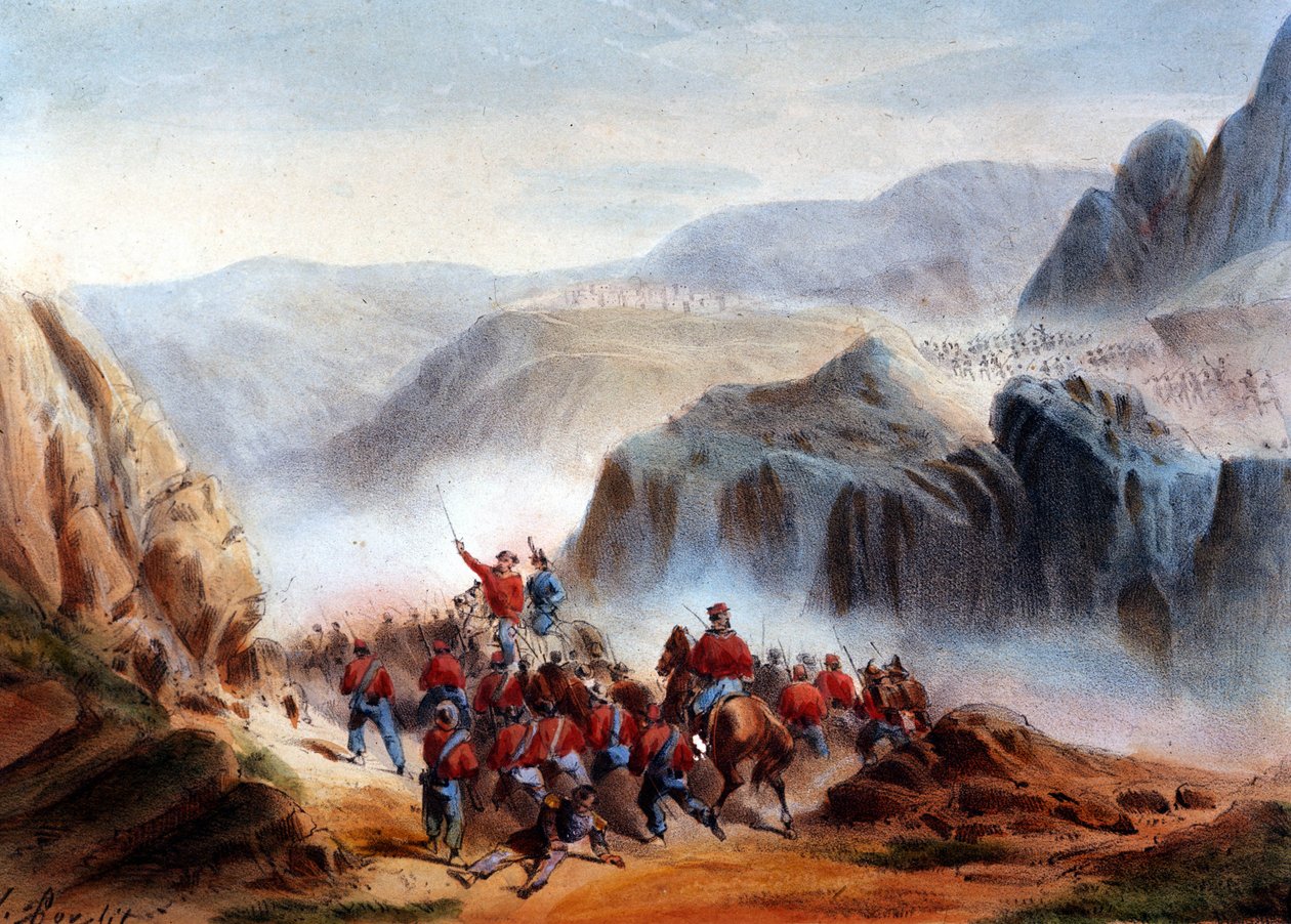Risorgimento: bitwa pod Calatafimi na Sycylii między wojskami Giuseppe Garibaldiego (1807-1882), Tysiąca i armią Królestwa obu Sycylii autorstwa Italian School