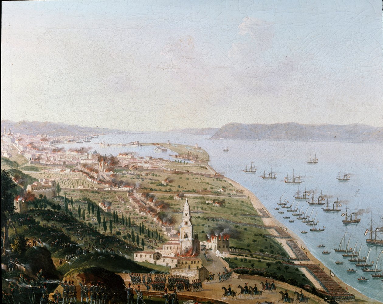 Risorgimento: burboniczne armie Ferdynanda II delle Due Sicilie (Ferdynanda II z Obojga Sycylii) w Mesynie (Sycylia) w sierpniu 1848 roku, aby odzyskać Sycylię po powstaniach. Anonimowe malowanie. Muzeum Narodowe San Martino Neapol autorstwa Italian School