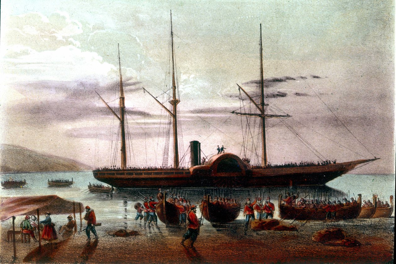 Risorgimento: wyjazd 8.08.1860 Giuseppe Missori, oficera armii Giuseppe Garibaldiego (1807-1882), w detroit Mesyny w kierunku fortu Villa San Giovanni. Ilustracja z XIX wieku autorstwa Italian School