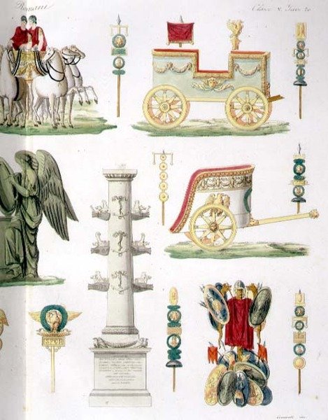 Rzymskie rydwany, trofea i pomniki wojskowe, fragment tablicy 20, klasa 5 z części I „Historii narodów”, grawerowane przez Marco Comirato (ok. 1800-69) (akwatinta) (patrz także 93290) autorstwa Italian School