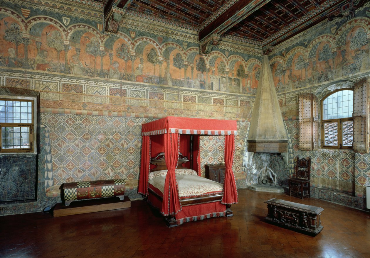 Sala Castellana di Vergi z freskami na ścianach i fryzem przedstawiającym średniowieczny romans francuski autorstwa Italian School