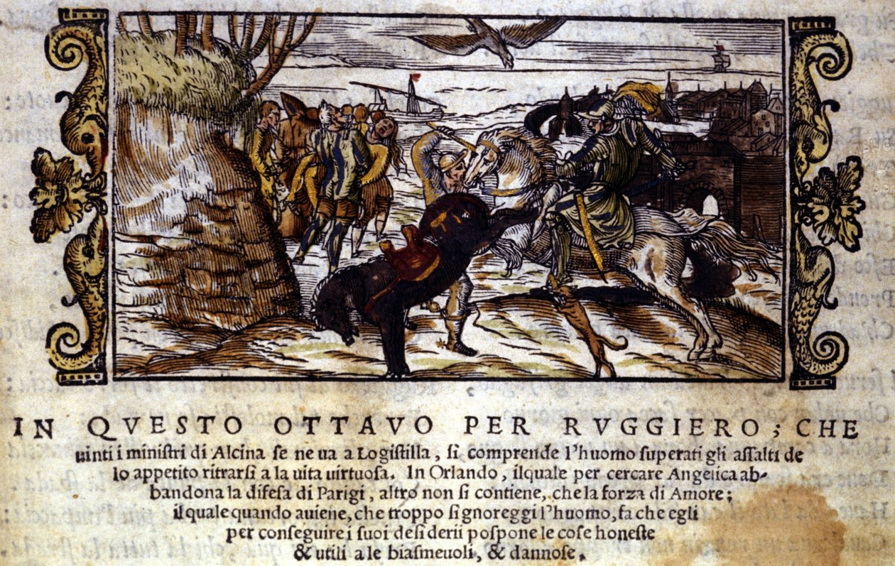 Ruggiero udaje się uciec z wyspy Alcina, a później ratuje Angelikę przed orkiem - Scena z rycerskiego poematu „Orlando Furioso” Ludovica Ariosto autorstwa Italian School