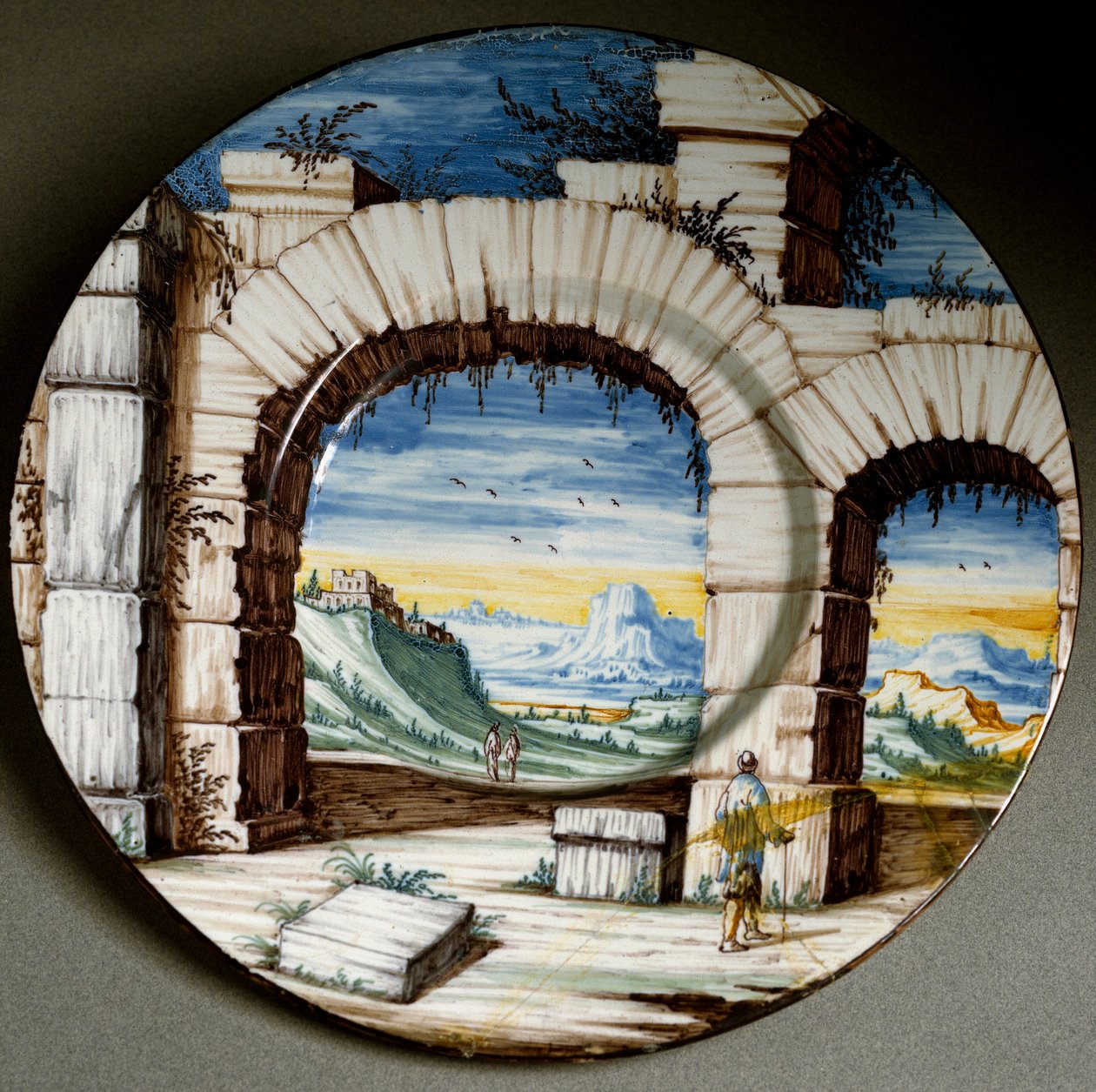 Ruina i krajobraz. Talerz ceramiczny wyprodukowany w Angarano we Włoszech. Około 1650 Florencja, Muzeum Narodowe Bargello autorstwa Italian School