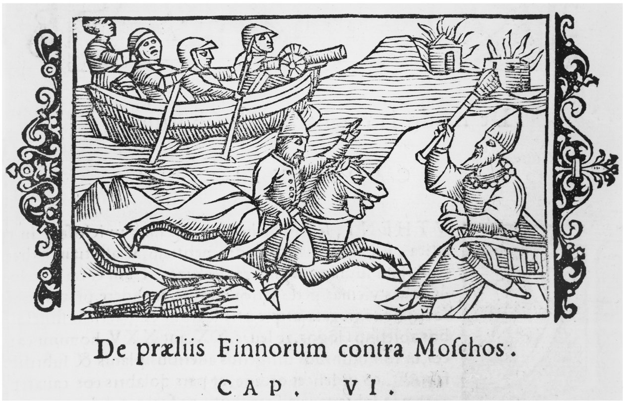 Walczący Rosjanie i Finowie, ilustracja z Historii Narodów Północy Olausa Magnusa (1490-1558), opublikowana w Rzymie, 1555 autorstwa Italian School