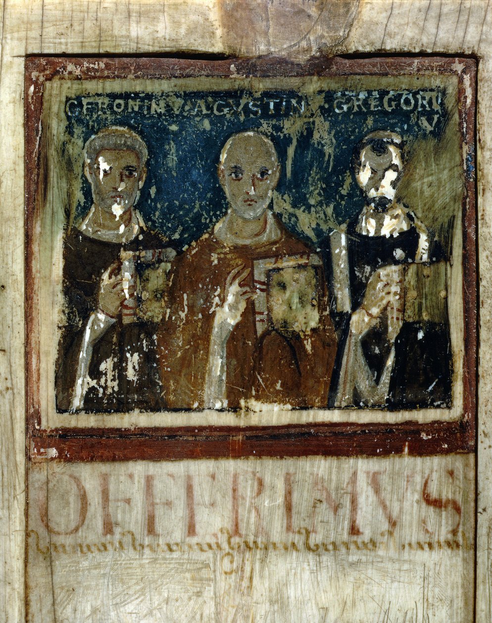 Św. Hieronim, św. Augustyn (354-430) i św. Gregoire I Wielki (540-604), fragment z dyptyku Boece, ok. 487 (miniatura na kości słoniowej) autorstwa Italian School