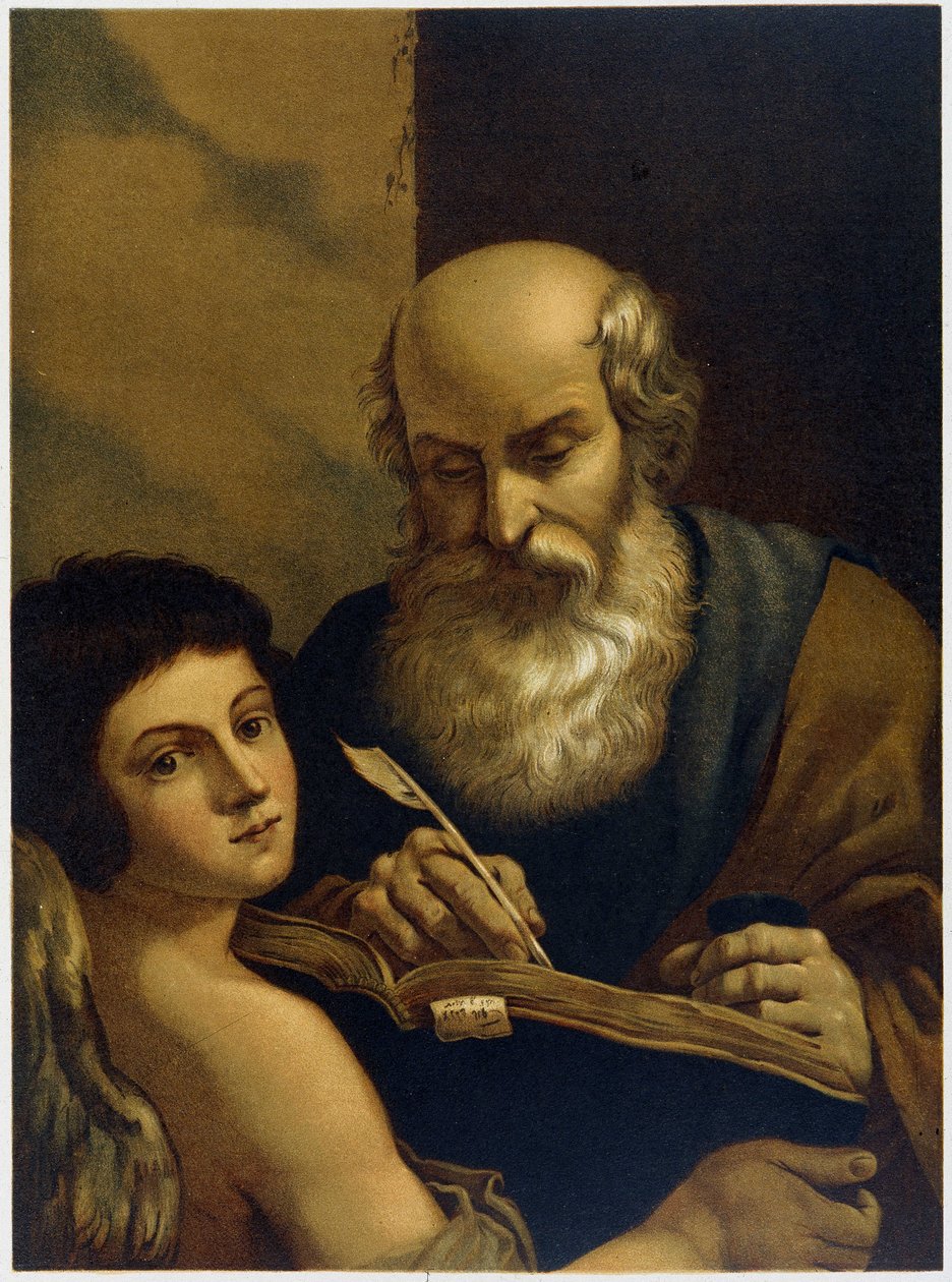 Święty Mathieu Pismo i anioł - w „Klasyczna złota Biblia: Historia Objawienia Bożego w starożytnym i nowym napięciu” ”przez Giovanniego Ladislao Sykora (t. 2), przetłumaczony przez Don Clemente Benetti. (Biblia włoska) autorstwa Italian School