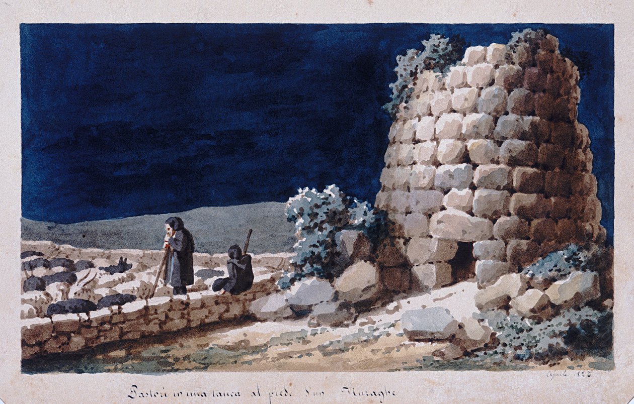 Pasterze sardyńscy w pobliżu nuraghe, drukuj ms. 257, Kolekcja Cominotti, ok. 1825 r. autorstwa Italian School