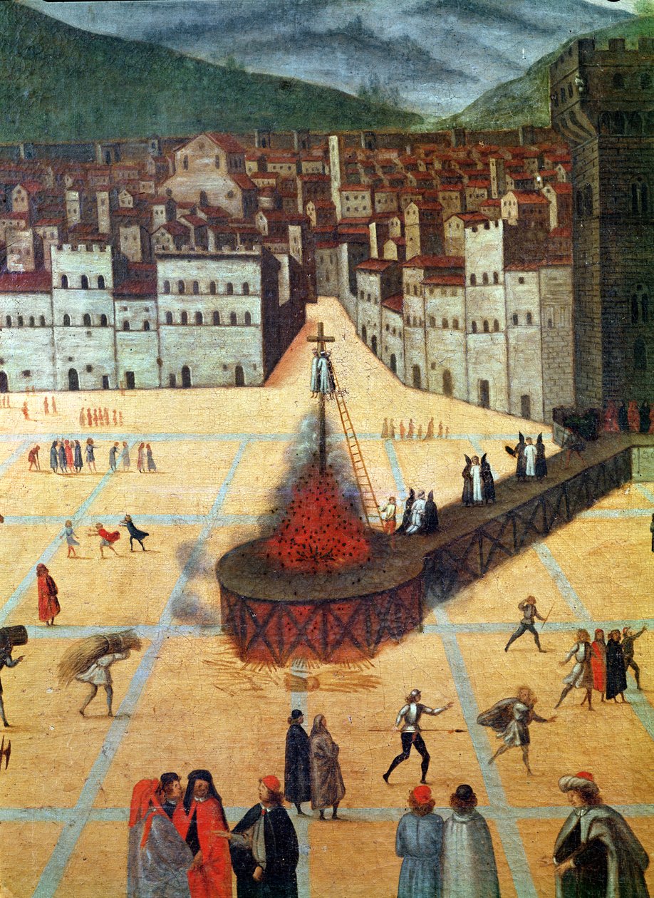 Spalenie Savonaroli na stosie, Piazza della Signoria, Florencja, fragment pożaru (olej na desce) autorstwa Italian School