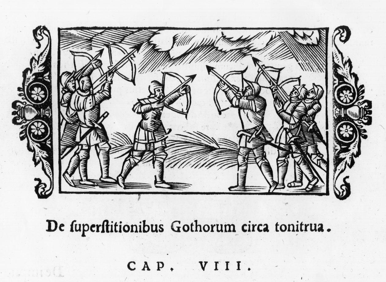 Skandynawowie używający swoich strzał do odpędzania grzmotów, z Historia de Gentibus Septentrionalibus Olausa Magnusa (1490-1557) opublikowanej w Rzymie, 1555 autorstwa Italian School