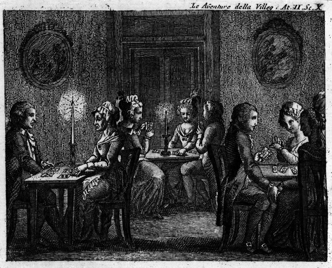 Scena 10 aktu II komiksu „Avventure della villeggiatura” (Przygody miasta) (1756) autorstwa Carlo Goldoni (1707-1793): stoły do gry. Grawerowanie XVIII wieku autorstwa Italian School