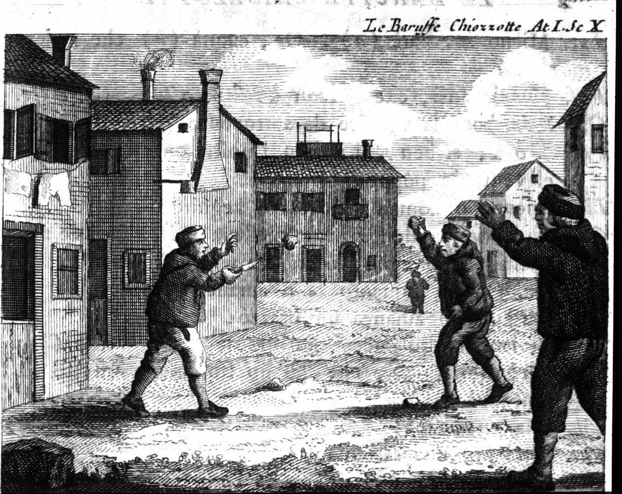 Scena 10 I aktu komiksu „Le baruffe chiozzotte” (Baroufe a Chioggia) (1762) autorstwa Carlo Goldoni (1707-1793). Grawerowanie XVIII wieku autorstwa Italian School
