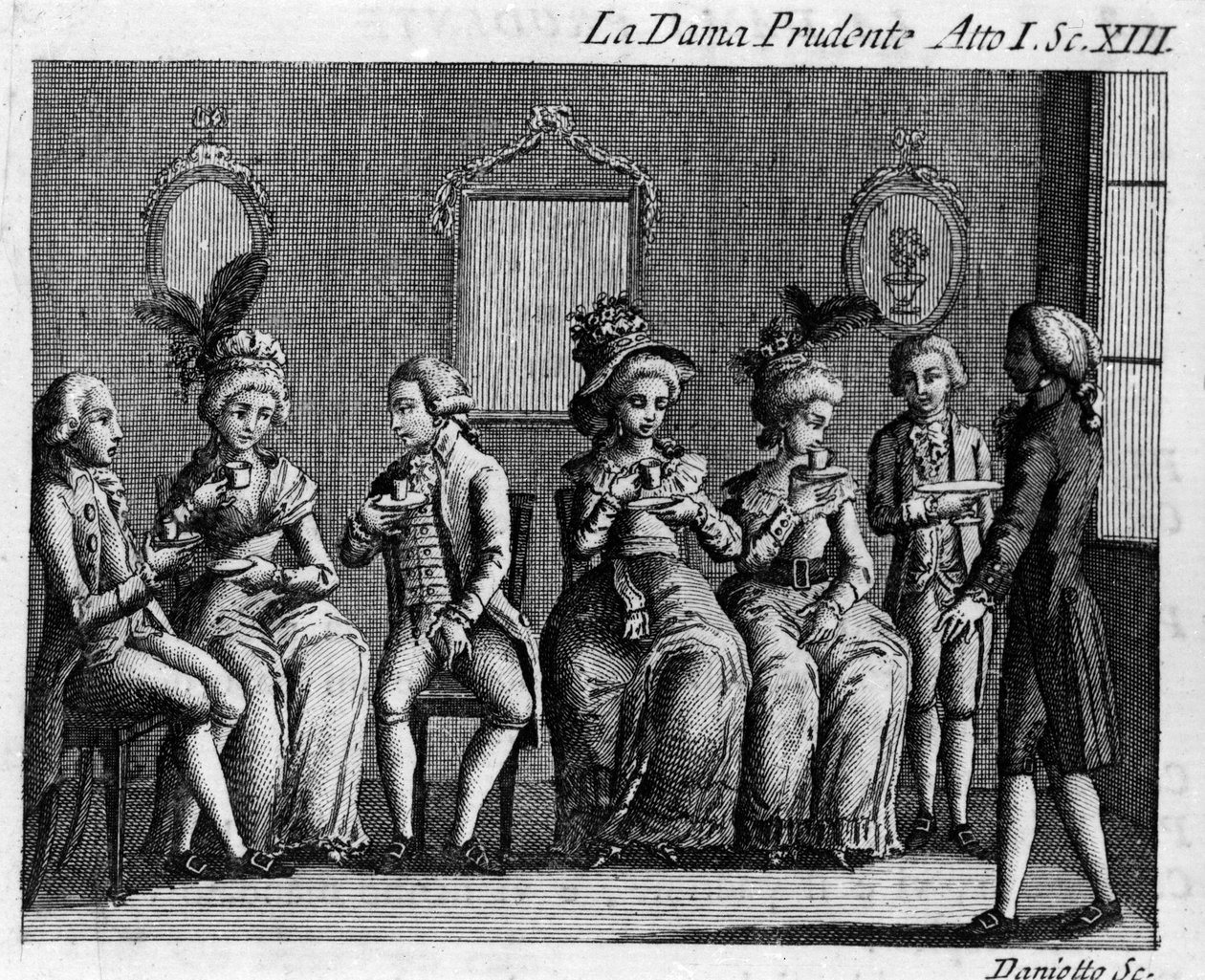 Scena 13 aktu I utworu komiksowego „La dama prudente” (Roztropna żona) (1751) autorstwa Carlo Goldoni (1707-1793). Grawerowanie XVIII wieku autorstwa Italian School