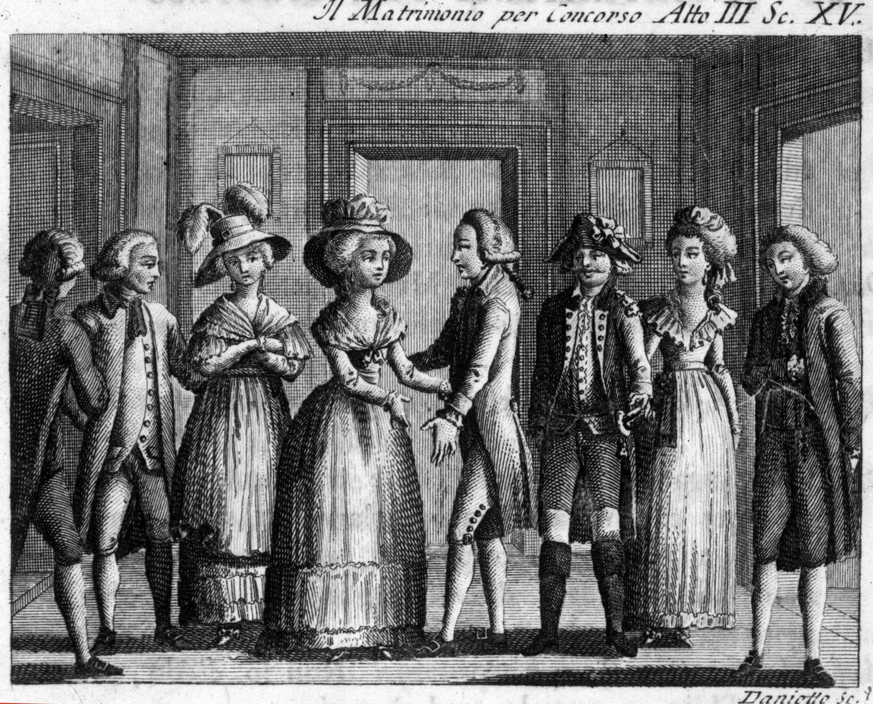 Scena 15 aktu III komiksu „Il matrimonio per concorso” Carlo Goldoniego (1707-1793). Rycina z XVIII wieku. autorstwa Italian School