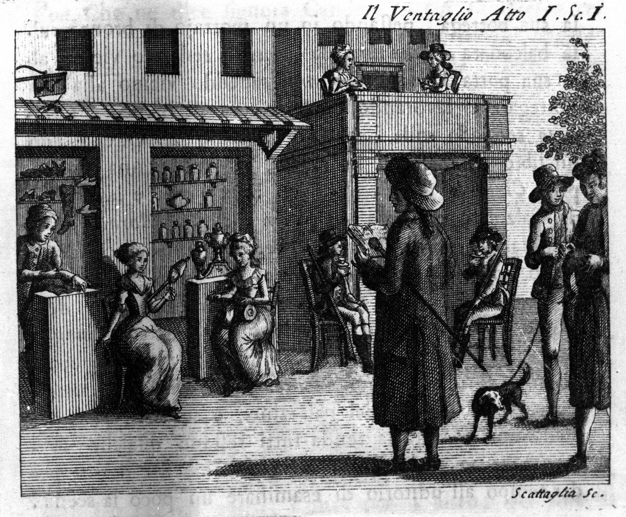 Scena 1 aktu I komiksu „Il ventaglio” (Wydarzenie) (1764) autorstwa Carlo Goldoni (1707-1793). Grawerowanie XVIII wieku autorstwa Italian School