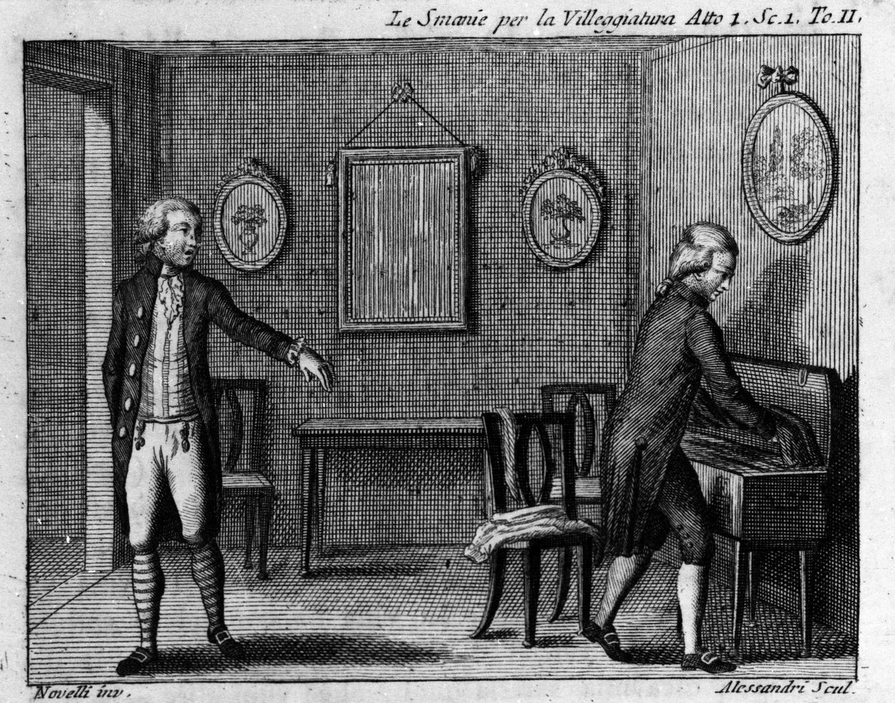 Scena 1 aktu I komedii „Le smanie per la villeggiatura” (La ville) (1761) Carlo Goldoni (1707-1793). Rycina z XVIII wieku. autorstwa Italian School
