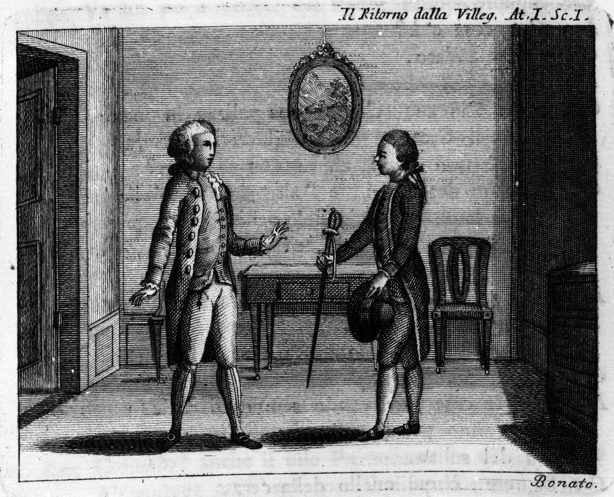 Scena 1 aktu I komiksu „Ritorno della villeggiatura” (Powrót miasta) (1761) Carlo Goldoni (1707-1793). Grawerowanie XVIII wieku autorstwa Italian School