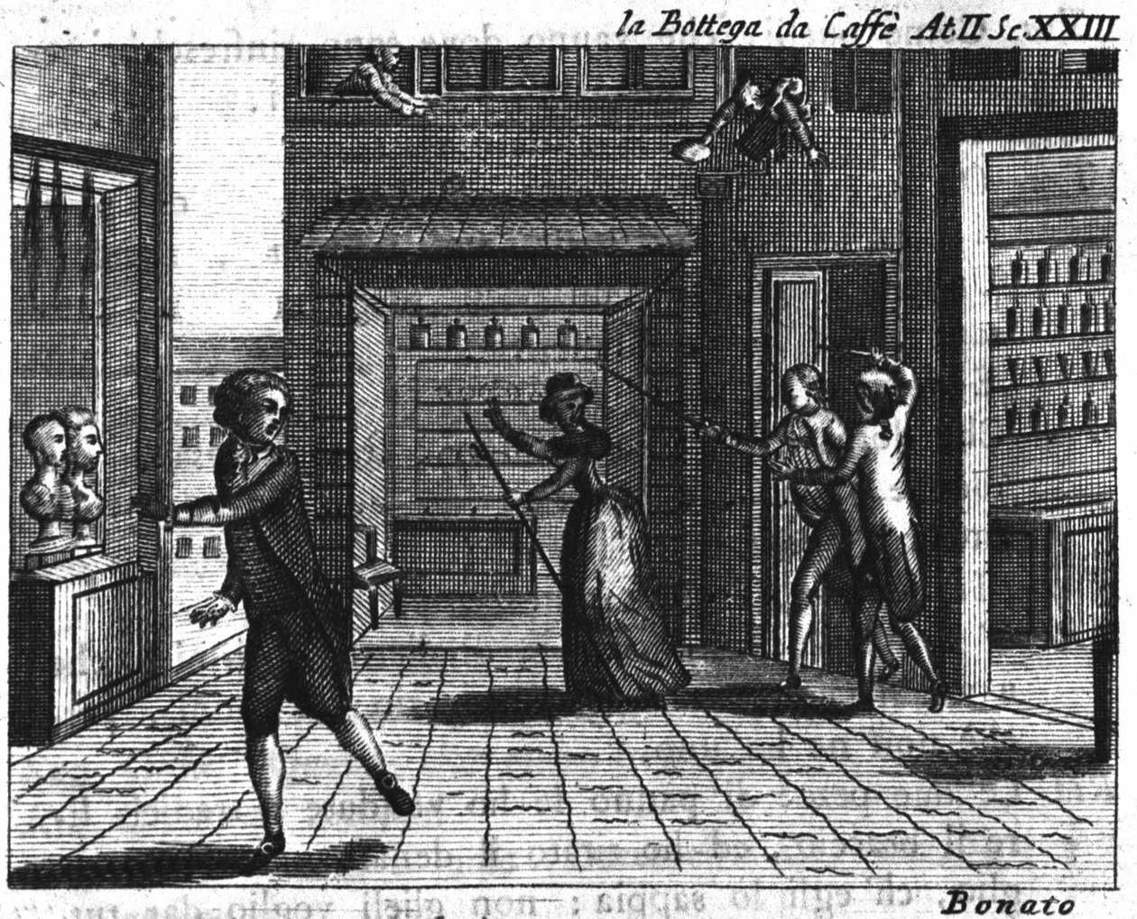Scena 23 aktu II komiksu „La bottega del caffe” (Kawiarnia) (1750) autorstwa Carlo Goldoni (1707-1793): stoły do gier. Grawerowanie XVIII wieku autorstwa Italian School
