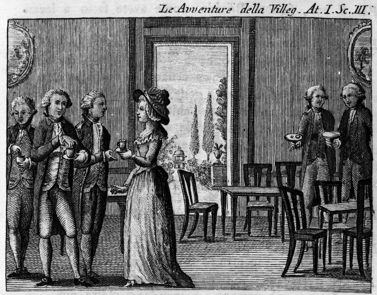 Scena 3 aktu I komiksu „Avventure della villeggiatura” (Przygody miasta) (1756) Carlo Goldoni (1707-1793). Grawerowanie XVIII wieku autorstwa Italian School