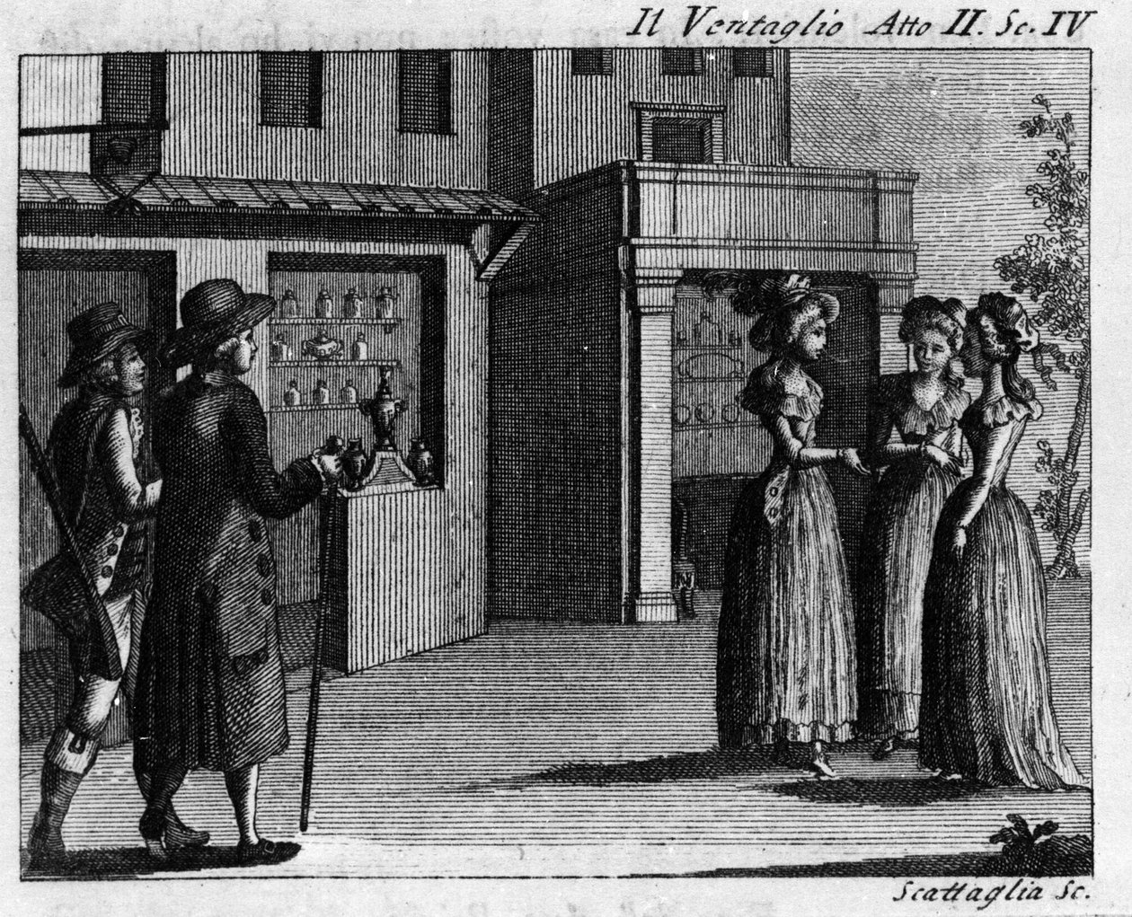 Scena 4 aktu II komiksu „Il ventaglio” (Wydarzenie) (1764) autorstwa Carlo Goldoni (1707-1793). Grawerowanie XVIII wieku autorstwa Italian School