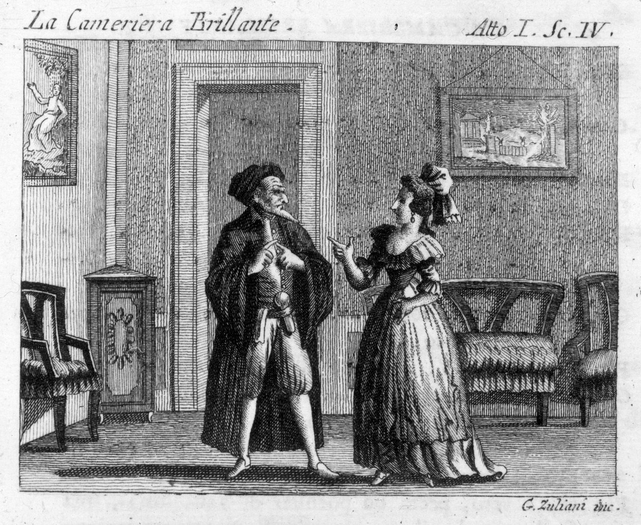 Scena 4 aktu I komiksu „La cameriera brillante” (Genialna pokojówka) (1754) autorstwa Carlo Goldoni (1707-1793): stoły do gier. Grawerowanie XVIII wieku autorstwa Italian School