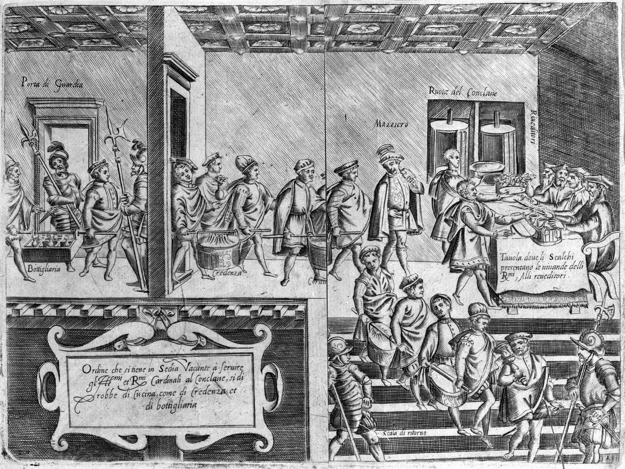 Posługa kardynałów podczas konklawe. Rycina z „Opery”, księgi gastronomicznej podzielonej na 6 części, autorstwa Bartolomeo Scappi, osobistego kucharza papieża Piusa V. Wenecja autorstwa Italian School