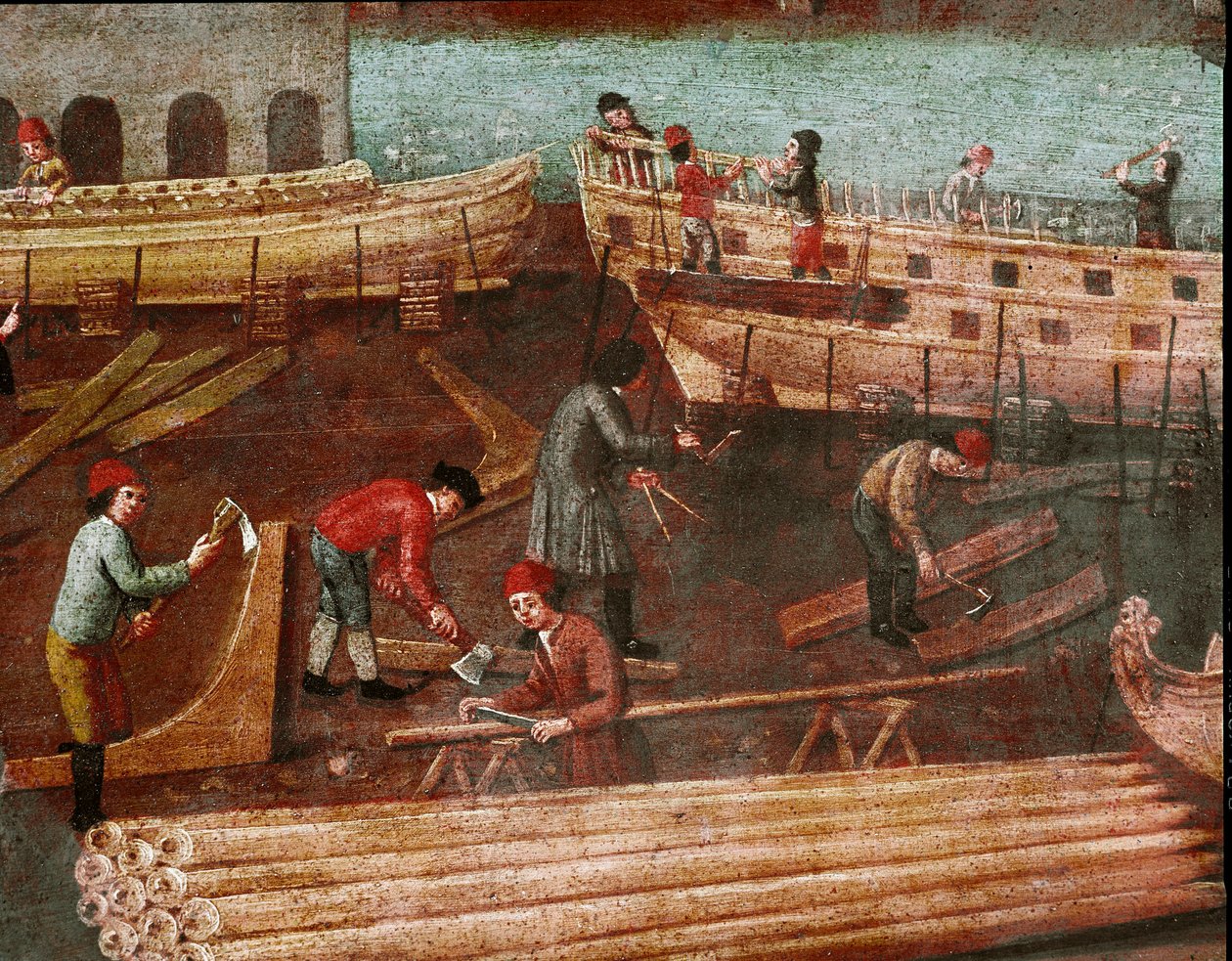 Stocznia w arsenale Wenecji Detal - Malarstwo szkoły weneckiej - XVIII wiek - Wenecja, Muzeum Correr autorstwa Italian School
