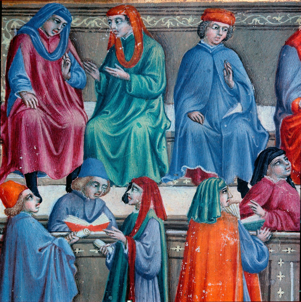 Sieneńscy kupcy. Fragment miniatury zaczerpnięty ze Statuto della Mercanzia”, rękopisu prawa handlowego w Sienie. 1342. Archiwum Państwowe Sieny. autorstwa Italian School
