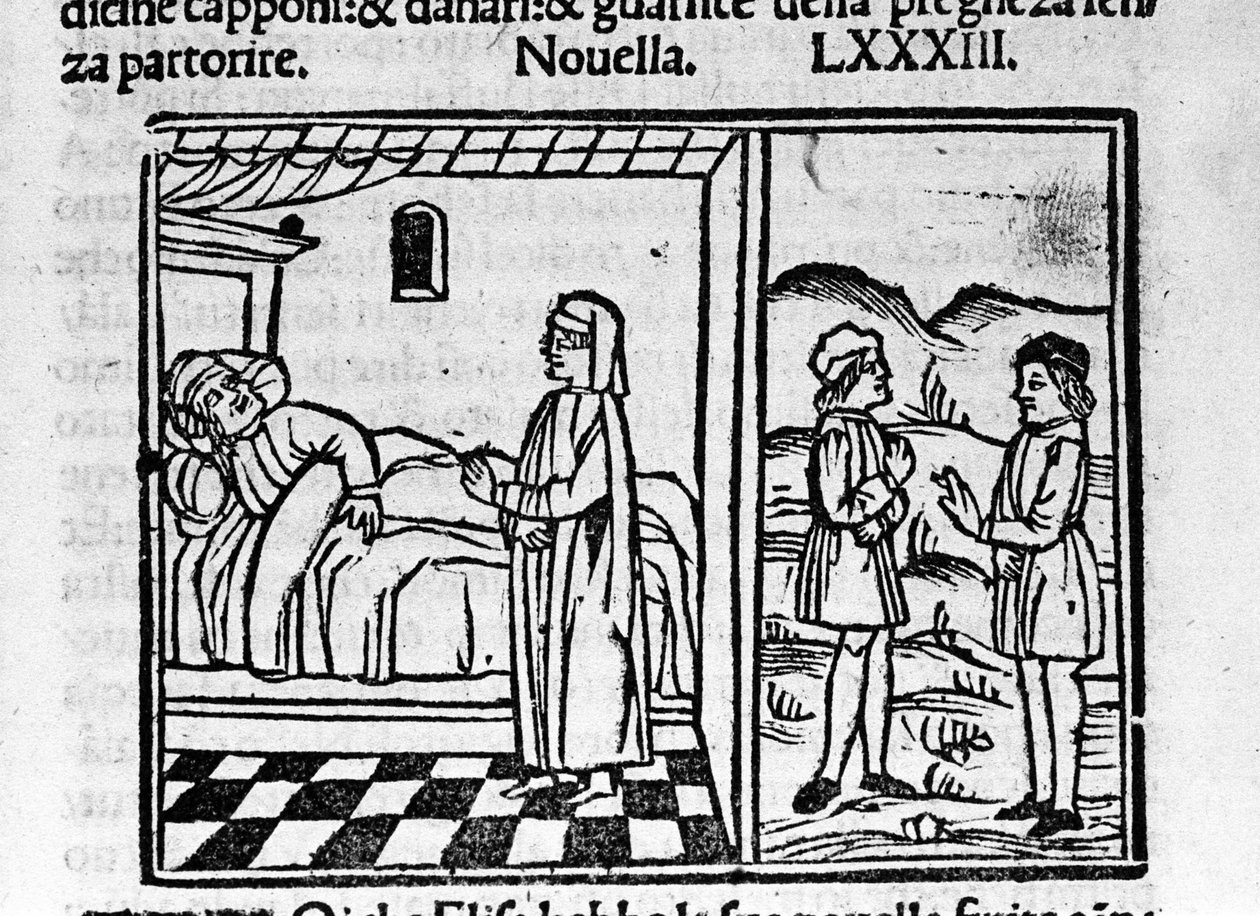 Simone sprawia, że Calandrino myśli, że nosi dziecko w brzuchu. Ilustracja do wiadomości 83 (Nowa 3 dnia dziewiątego) „Dekameronu” autorstwa Giovanniego Boccaccio dit Jean Boccaccio (1313-1375), włoskiego pisarza. Grawerowanie w „”Dekameronie ouer Cento no autorstwa Italian School