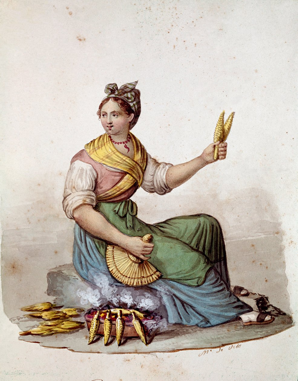 Mały metier neapolitański: sprzedawczyni grilli kukurydzianych - (Stary handel: sprzedawca grillowanej kukurydzy) Akwarela XIX-wieczne Museo Nazionale di San Martino Neapol autorstwa Italian School