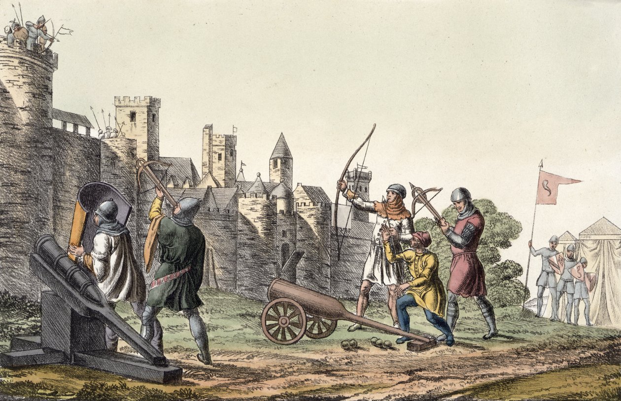 Żołnierze i artyleria XV w., tablica 16 z Historii Narodów (akwatinta) autorstwa Italian School