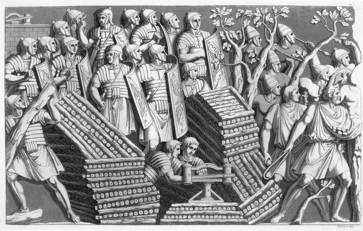 Żołnierze, prawdopodobnie budujący most pontonowy lub machinę oblężniczą, prawdopodobnie z kolumny Trajansa, z Customs of the Romans, ok. 1800-10 (akwaforta i akwatinta) autorstwa Italian School