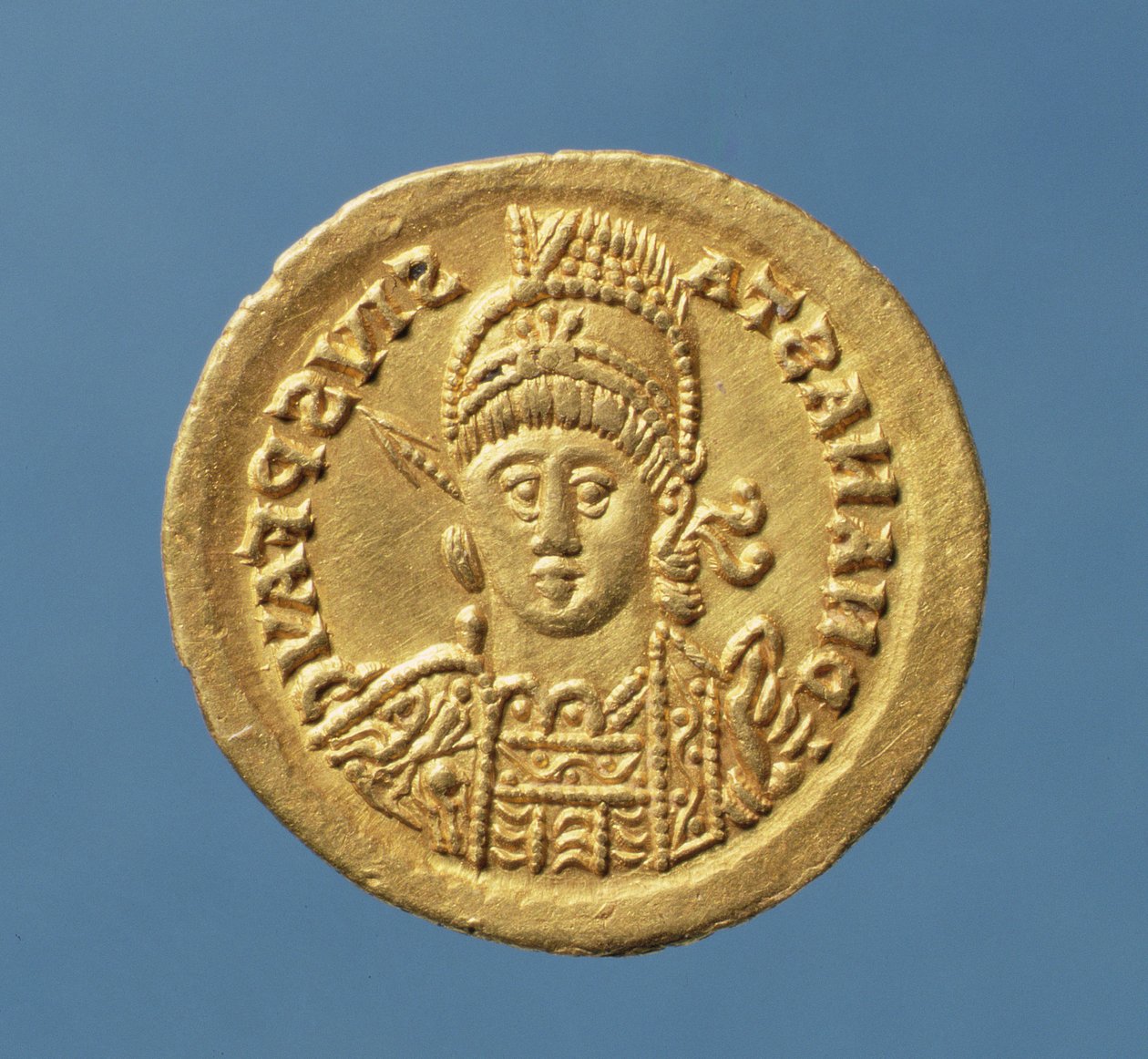 Solidus (awers) wybity przez Teodoryka I (AD 471-AD 526) Ostrogocki król Włoch kopiujący solidus cesarza bizantyjskiego Anastazego (AD 491-AD 518) (złoto) Napis: DN ANASTASIVS P F AVG autorstwa Italian School