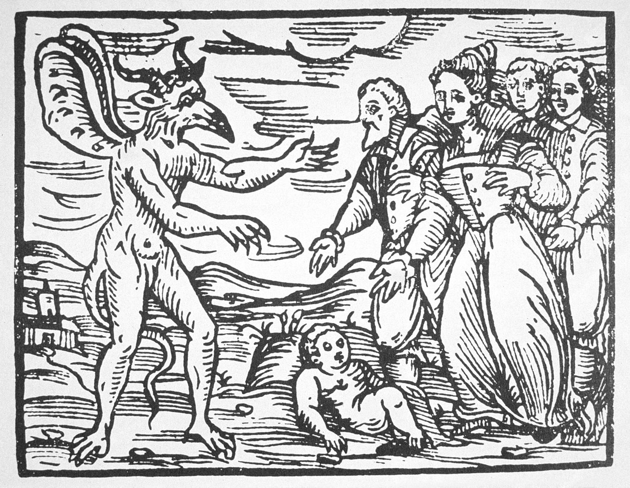 Czarownicy przedstawiający diabłu dziecko z Compendium Maleticarum ks. M. Guaccius (1608) zilustrowane w historii magii wydanej pod koniec XIX wieku autorstwa Italian School