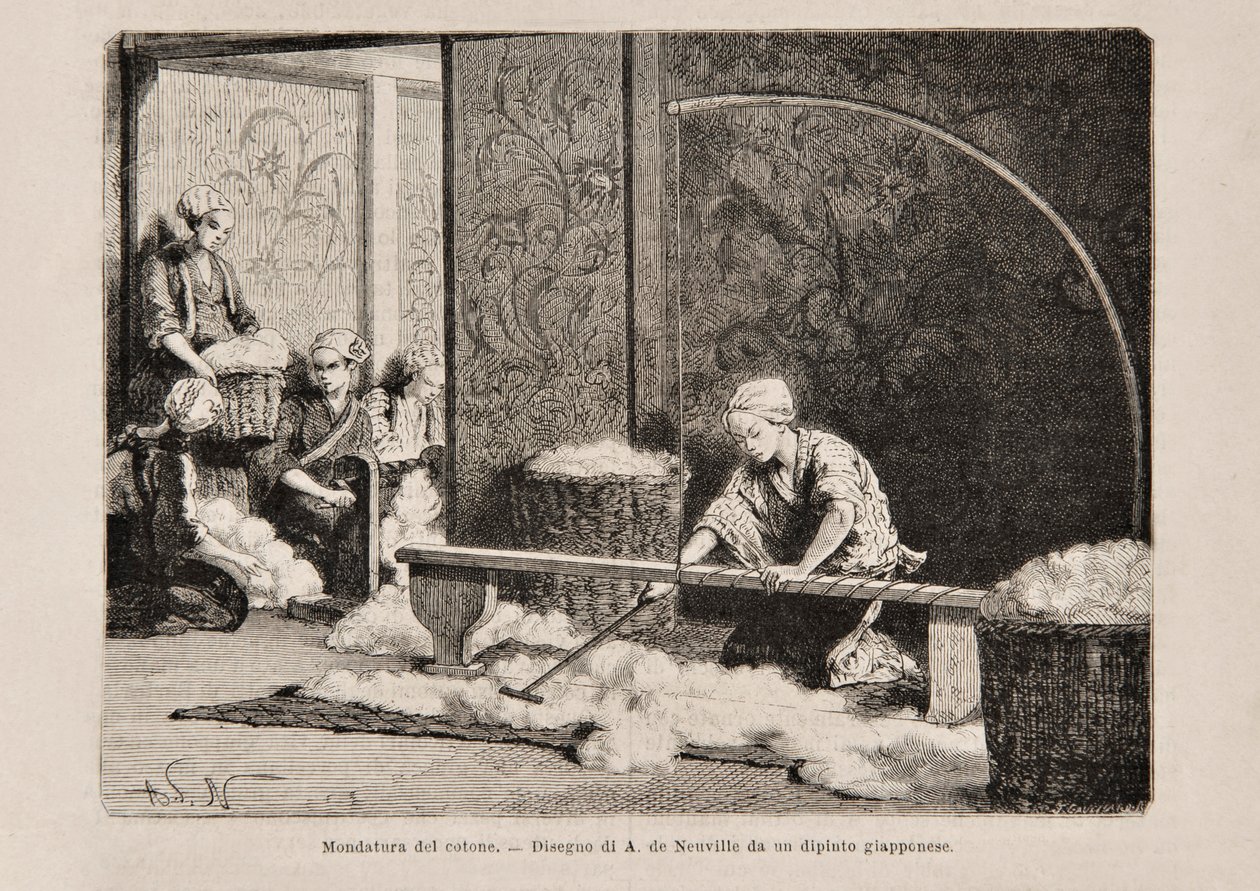 Spinning Cotton, Japonia, z włoskiej edycji Tour du Monde, 1869 autorstwa Italian School