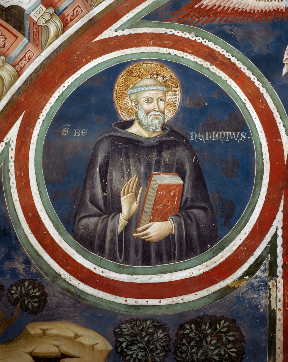 Św Benedykt, fresk Drugiego Współpracownika autorstwa Consolo lub Magistra Consolus, dolny kościół klasztoru Sacred Cave, Subiaco, Włochy autorstwa Italian School