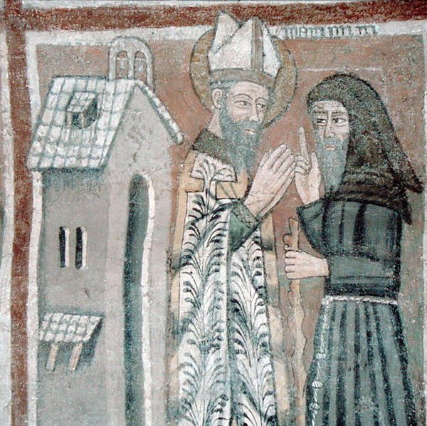 Św. Grzegorz Wielki (540-604) z mnichem (fresk) autorstwa Italian School