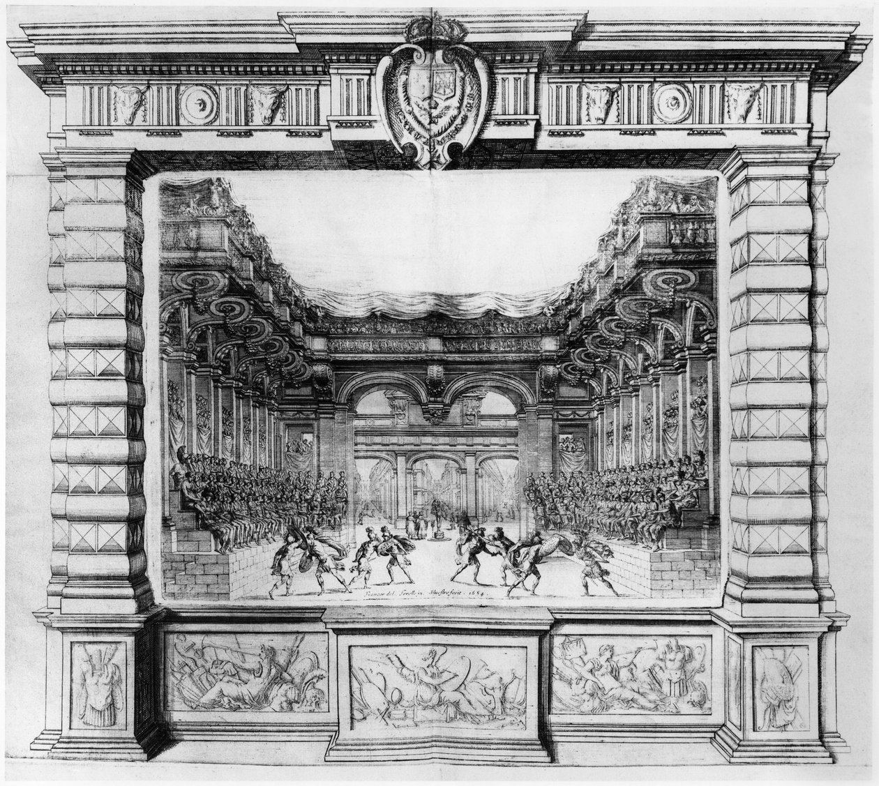 Scenografia Giacomo Torelli (1608-78) dla la Finta Pazza wystawiona w 1645 w Theatre Petit Bourbon w Paryżu, 1654 autorstwa Italian School