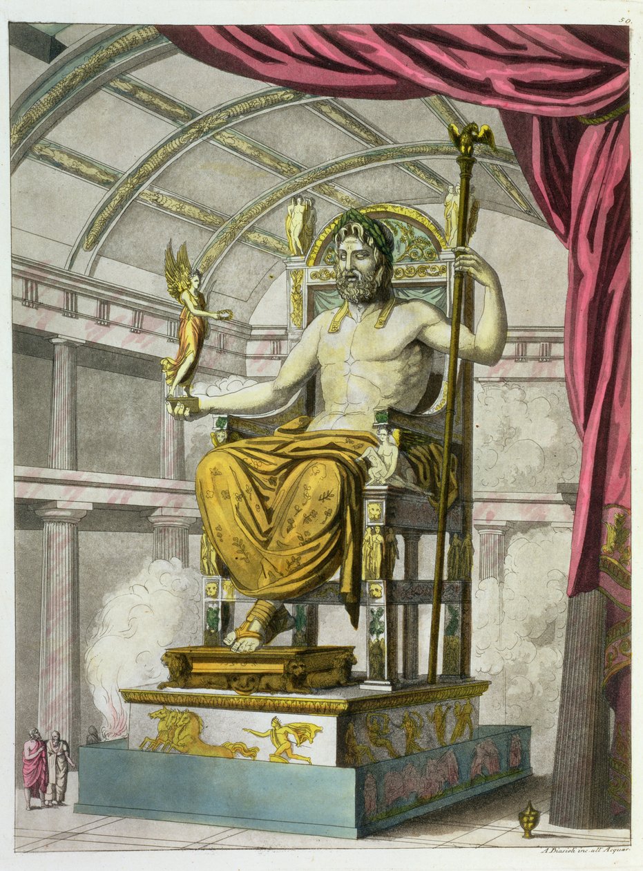 Posąg Jowisza w świątyni, z Costumi dei Romani, rytowany przez Angelo Biasioli (1790-1830), ok. 1805-20 (akwatinta) autorstwa Italian School