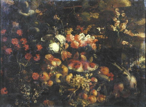 Martwa natura z owocami i putti (olej na panelu) autorstwa Italian School