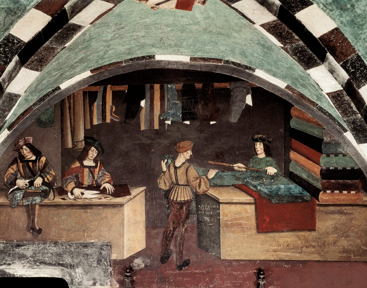 Zakład krawiecki. Jeden człowiek szyje, drugi kroi tkaninę, a trzeci sprzedaje tkaninę klientowi. Fresco Zamek Issogne (XV w.). autorstwa Italian School