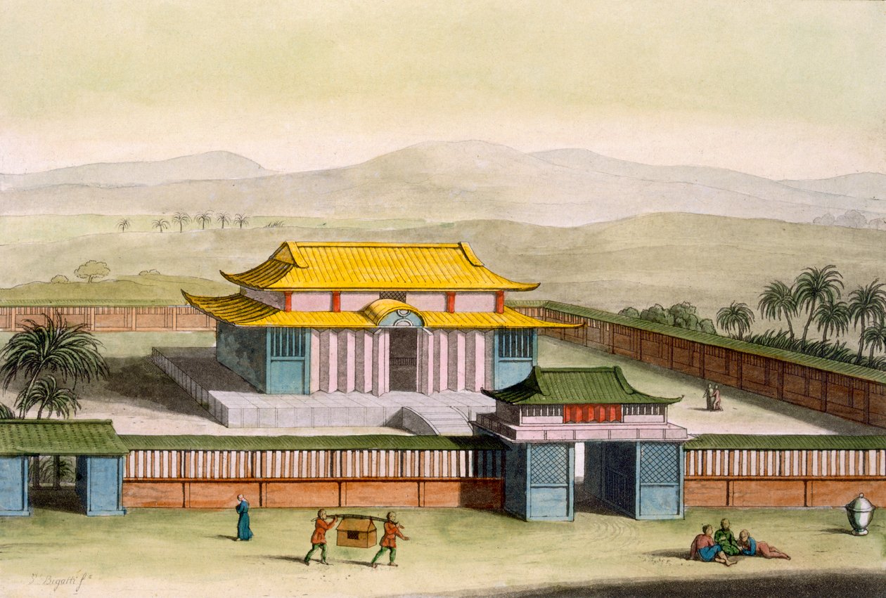 Świątynie Daibods w kompleksie na wsi, z kostiumu dei... Giulio Ferrario, ok. 1820-30 (ręcznie kolorowane lito) autorstwa Italian School
