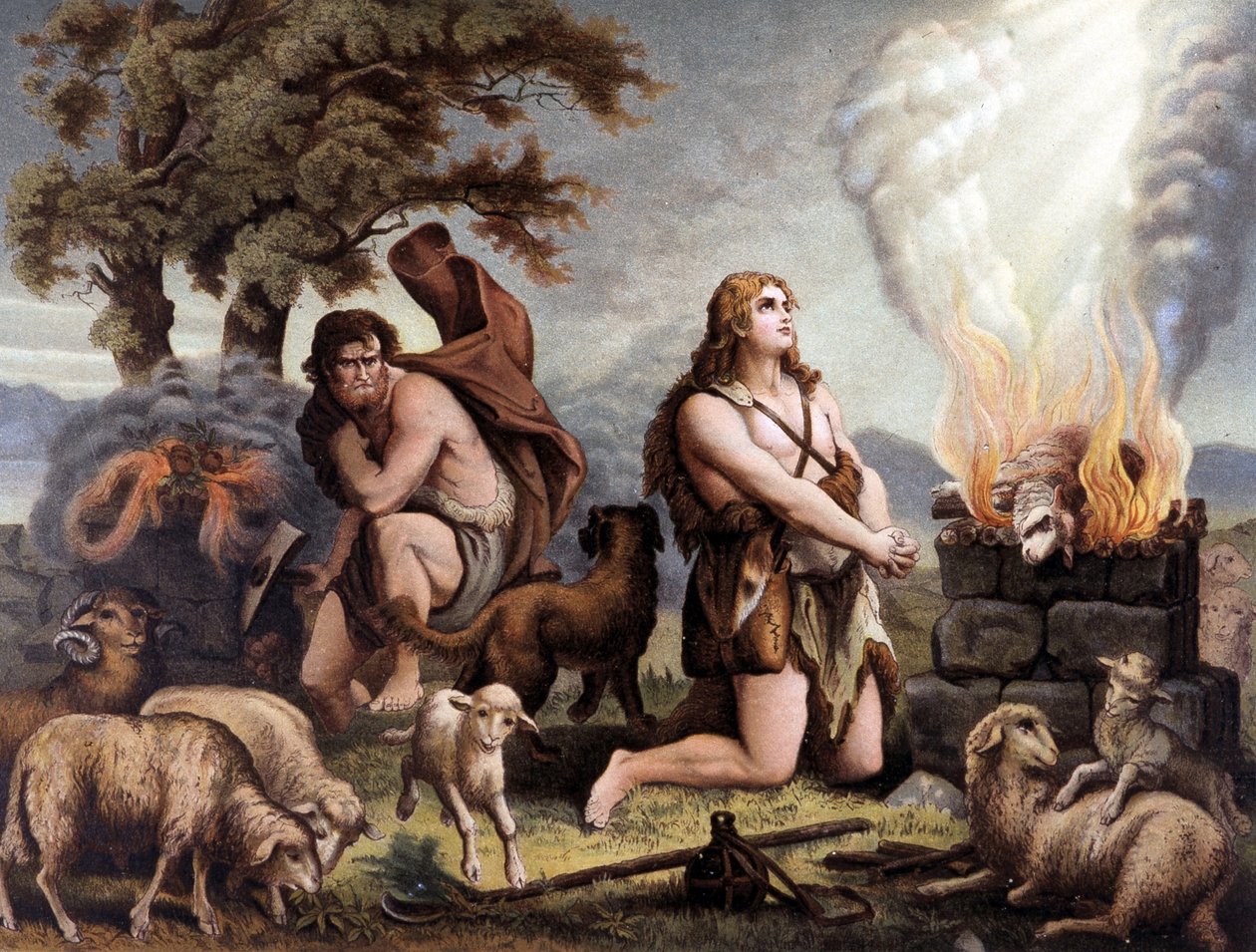 Adoracja Baranka (Kaina i Abla) – Cain et Abel (poświęcenie owcy) w „Golden Classic Bible: History of Divine Revelation in the Ancient and New Tension”” autorstwa Giovanniego Ladislao Sykora (t. 1), przekład Dona Klemensa Benettiego. (Włochy autorstwa Italian School
