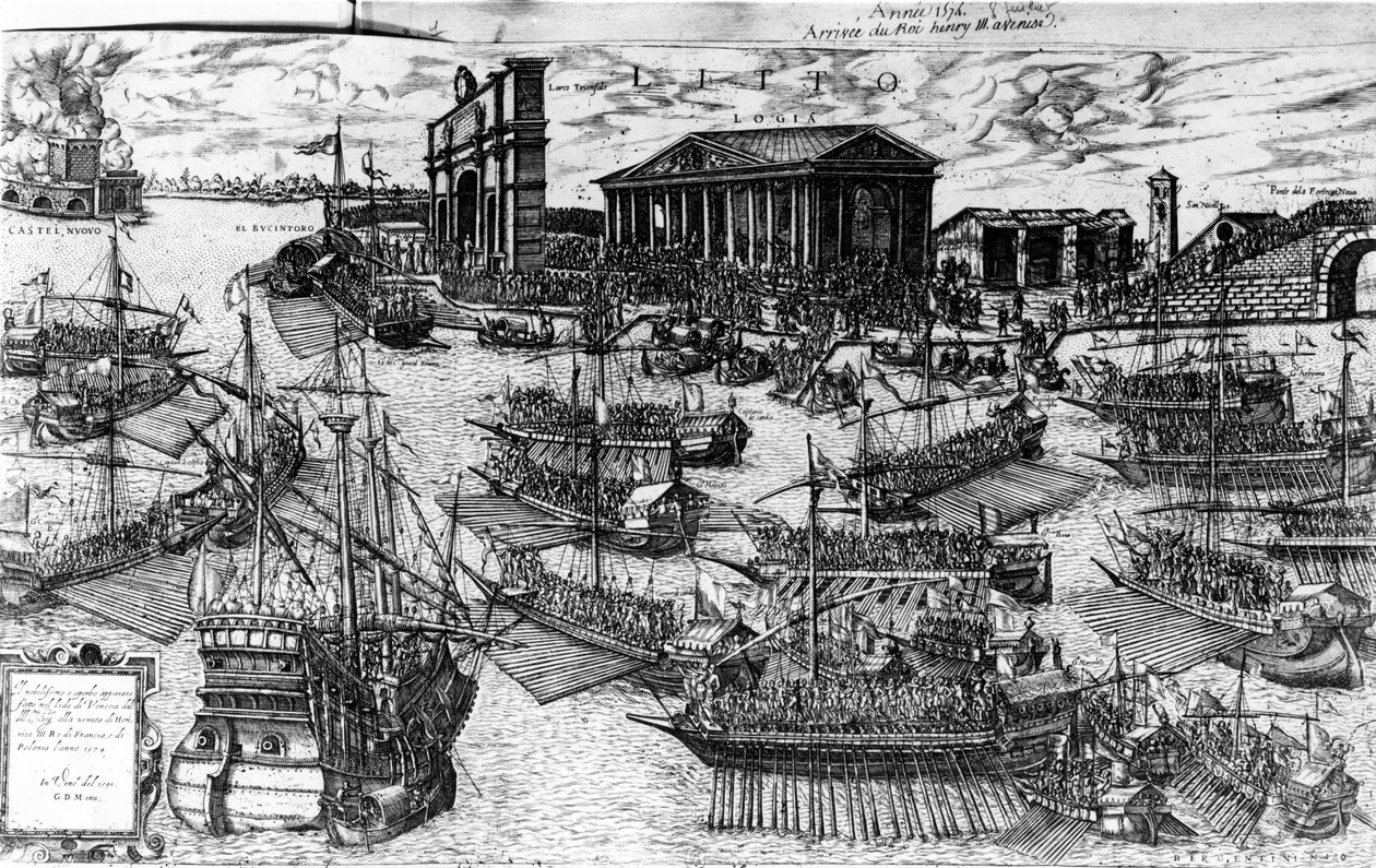 Przybycie Henryka III Francji w Lido w Wenecji w dniu 8 lipca 1574, 1591 (akwaforta) autorstwa Italian School